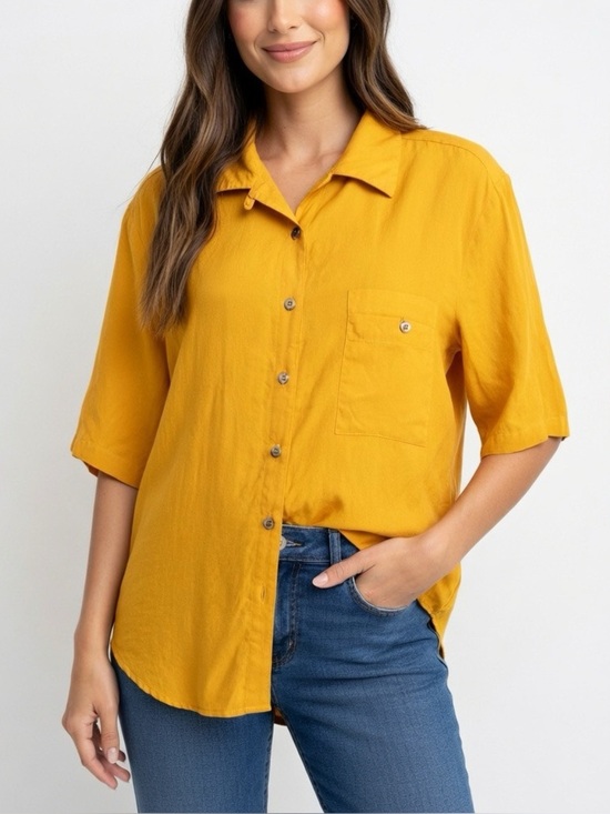 Eaton Tops - Vintage Eatons Women's Golden Yellow Silk Button-Up Blouse